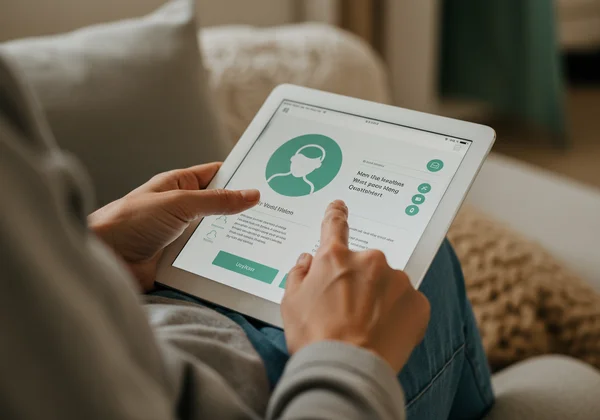 Mãe a fazer um rastreio online EPDS num tablet