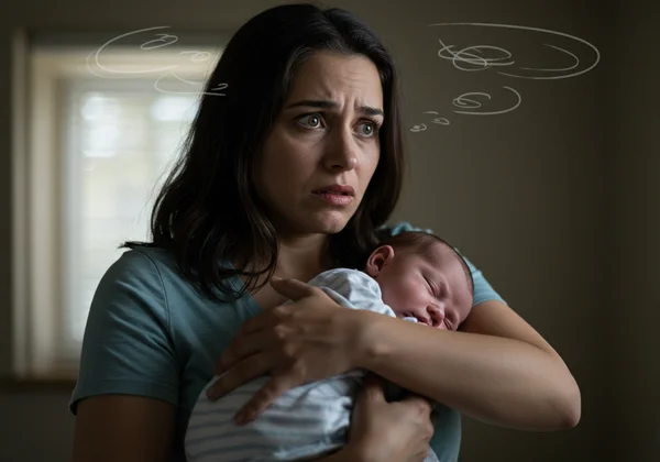 Mãe experimentando ansiedade pós-parto, sentindo-se sobrecarregada.