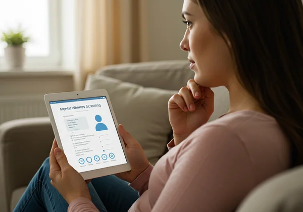 A mother thoughtfully taking an EPDS questionnaire on a tablet.