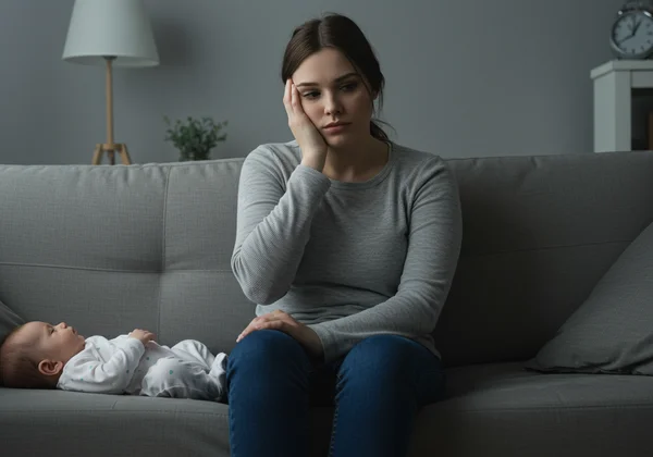 Mãe sentindo tristeza e a névoa da depressão pós-parto