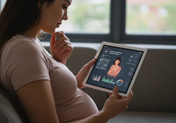 女性与 AI 心理健康报告界面互动