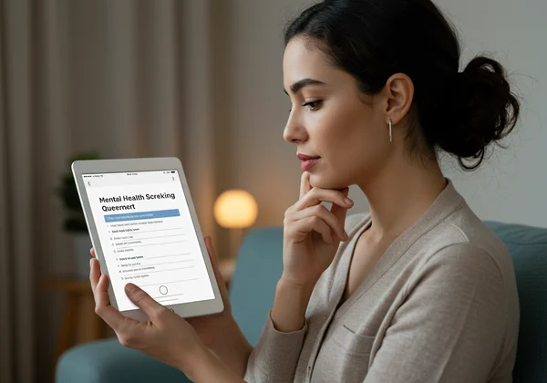 一位女性正在使用在线心理健康筛查工具