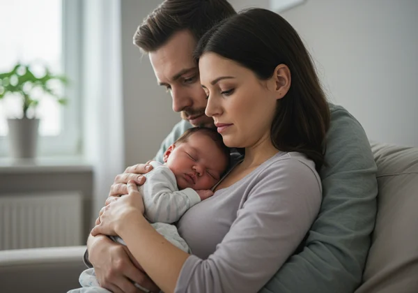 伴侣安慰一名正在与围产期抑郁症作斗争的新妈妈