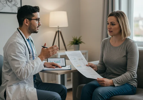 A person discussing their EPDS results with a healthcare provider