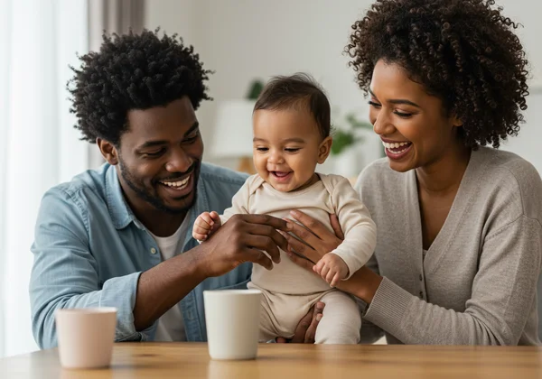 Happy family, parents smiling with their baby