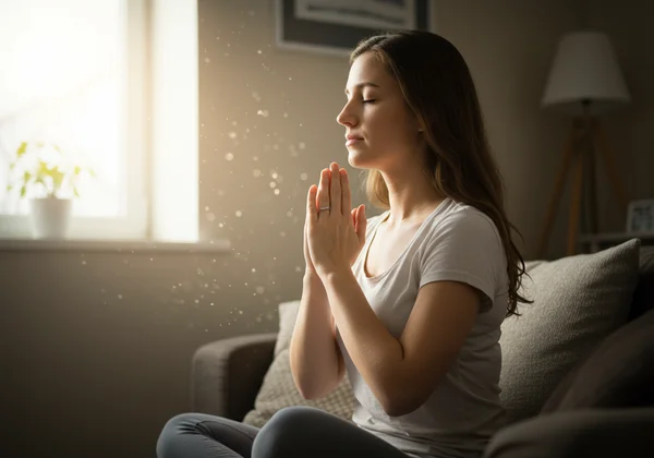 Mother practicing mindful breathing for anxiety relief.