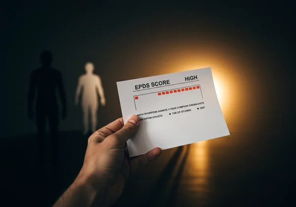 Hand holding EPDS score, reaching for support and light