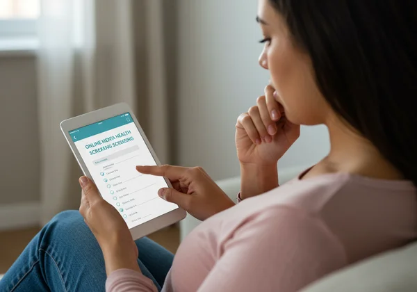 Frau füllt ein EPDS-Screening auf einem Tablet aus und sucht Hilfe