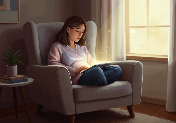 A mother sitting in a comfortable chair, reflectively filling out a self-assessment on a tablet.