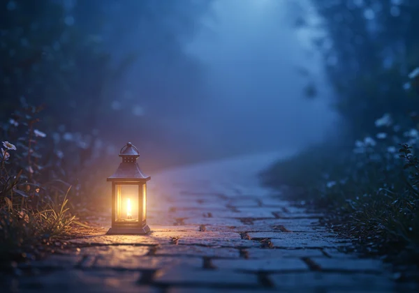 A warm lantern casting a gentle glow on a path, symbolizing guidance and hope.